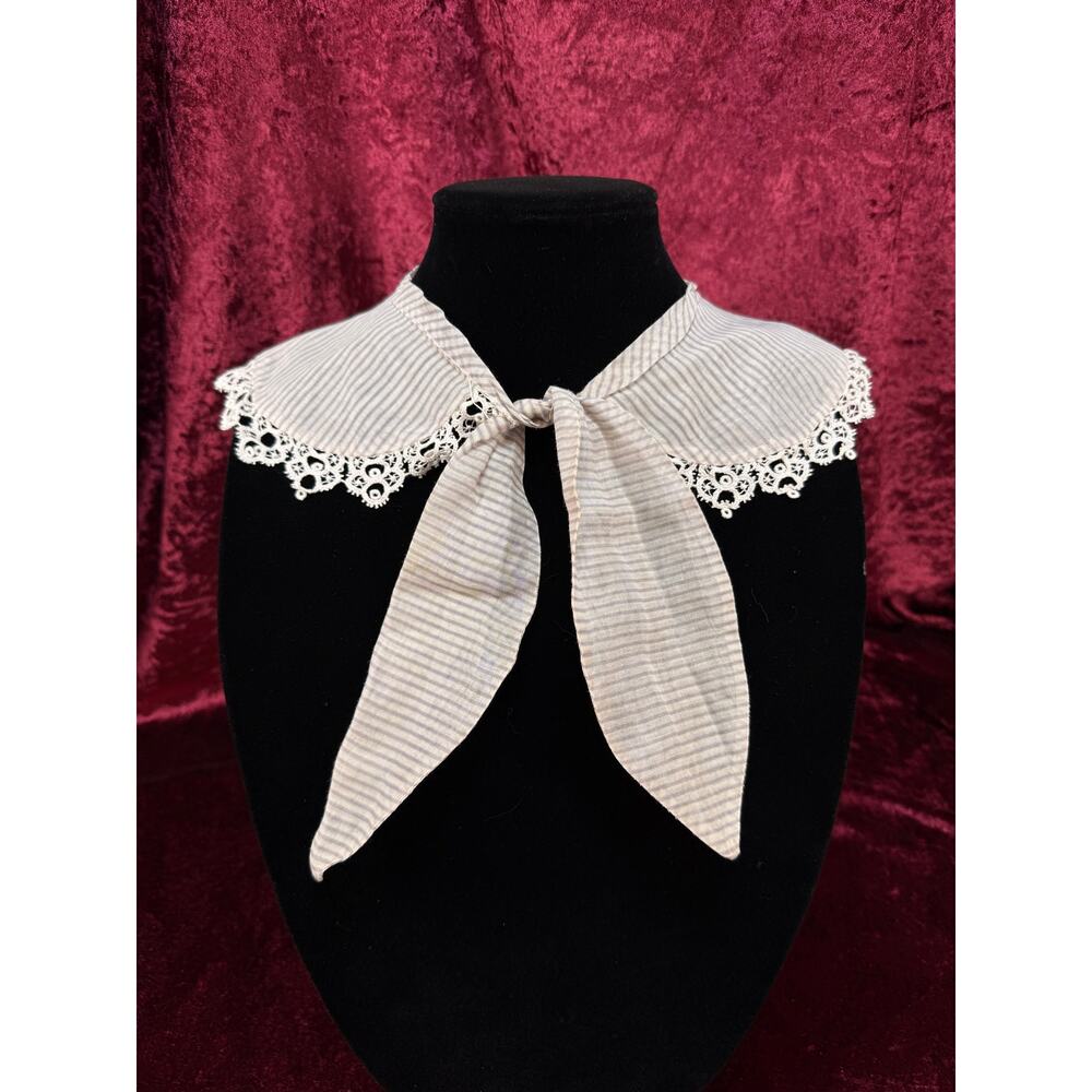 Vintage Emily Wethers Collar Scarf – Striped Lace Trim Tie Front - Cottagecore